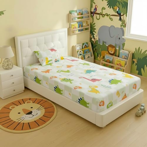 Image of Filymore Elastic Fitted Dinosaur Single Bedsheet with 1 Pillow Cover | 240 TC Soft Microfiber Bedspread | Fitted Bedcover for Mattress Size 72 inch x 36 inch Inchs | Green & White
