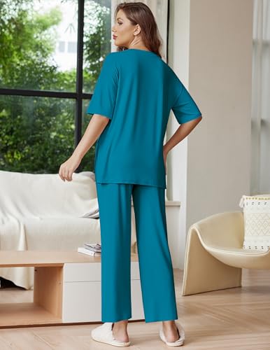 Image of Ekouaer Lounge Sets for Women Short Sleeve Tops and Long Pants Soft Comfy Pajamas Set 2 Piece Outfits