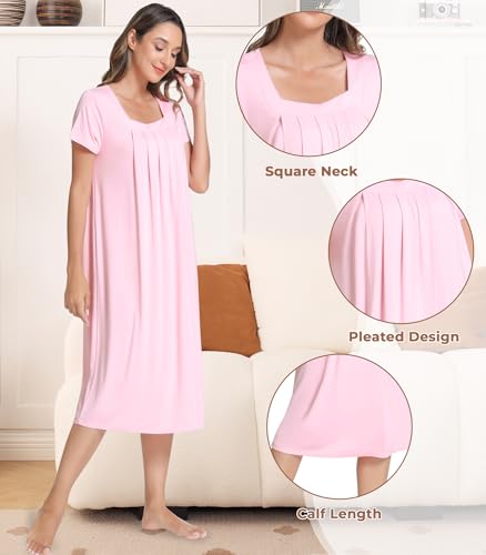 Image of NACHILA Bamboo Viscose Nightgowns for Women Cooling Short Sleeve Sleepshirt | Tagless design, Stretchy nightshirt, Anti-pilling, Shrink-resistant, Lightweight moisture-wicking sleepwear for night sweats