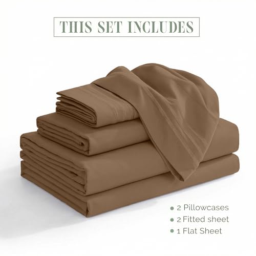 Image of Elegant Comfort Luxurious 1500 Premium Hotel Quality Microfiber Three Line Embroidered Softest 5-Piece Bed Sheet Set, Wrinkle and Fade Resistant, Split King, Taupe