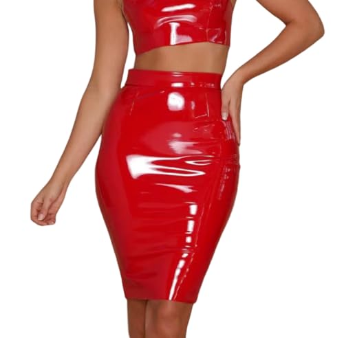 SamHeng Damen PU Leder Bleistift Rock - Glänzend Metallisch Nasse Look Bodycon Midi High Taille für Party Sexy Büro Clubwear Kleid