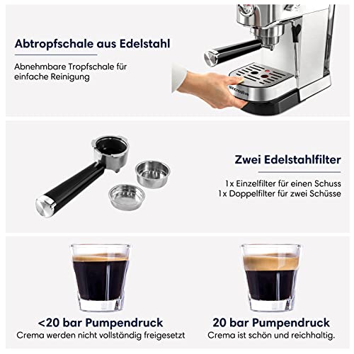 Espressomaschine 20 Bar, Siebträgermaschine mit 1 Liter Wassertank, Edelstahl siebträger kaffeemaschine mit… – Bild 7