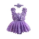 Covvoliy Newborn Baby Girl Romper Dress Lace Floral Sleeveless Tulle Dress with Headband Infant Summer Mesh Jumpsuits (Violet, 3-6 Months)