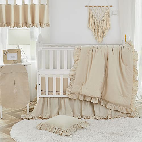 Image of Brandream Boho Bohemian Girl Baby Nursery Crib Bed Skirt Dust Ruffle - Neutral Solid Color Beige Farmhouse Chic 100% Washed Cotton Ruffle