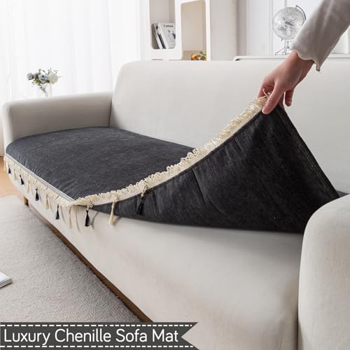 Image of HOKIPO 'Serenity Tassel' Chenille Sofa Cover 6 Seater Set with Tassels - Washable 3+2+1 Sofa Cover Mat | Midnight Graphite (IN-890 + IN-891 + IN-892 - DGRY)