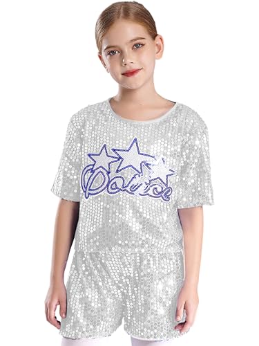 TTAO Kids Girls Sparkle Sequins Modern Dancing Clothes Hip Hop Jazz Performance Costume Dancewear Silver 5-6 Years