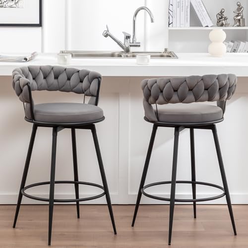 Image of Swivel Bar Stools Set of 2, Modern Barstools with Woven Back, Velvet Counter Height Bar Stools for Kitchen Island, Cafe, Pub, Grey