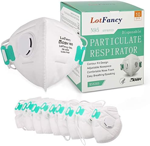 LotFancy NIOSH N95 Mask, 10PCS Particulate Respirator with Breathing Valve, N95 Face Mask for Construction, Cleaning, Disposable Air Filter Masks against Dust, Pollution, Particle, Smoke,White