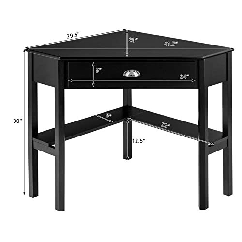 LDAILY Small Corner Desk, Triangle Makeup Vanity Desk for Small Space, Compact Writing Desk with Storage Shelves & Drawer, Space Saving Corner Computer Desk for Bedroom, Home Office - Thumbnail 3