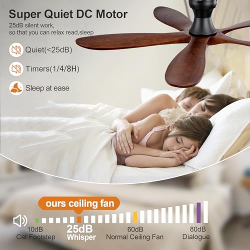 Image of 52 Inch Flush Mount Ceiling Fans with Lights and Remote, Dimmable 5 Blade Wood Outdoor Ceiling Fan Outdoor Fans for Patios Low Profile Modern Ceiling Fan with Light for Bedroom Living Room