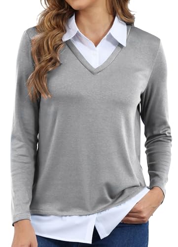 Vldnery Womens Fall Winter Sweater 2025 Trendy Clothes Oversized V Neck Long Sleeve Shirts 2 in 1 Outfit Casual Pullover Tops