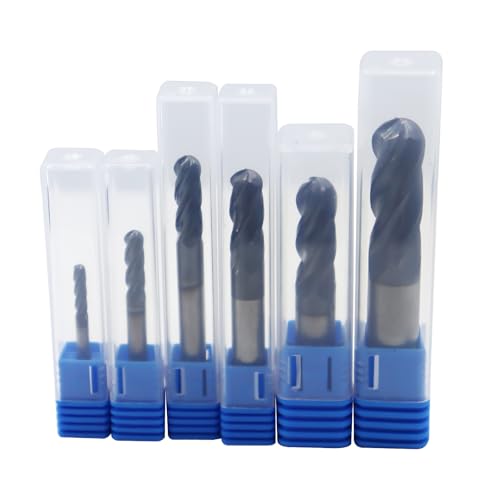 Image of 6Pcs1 /8in,3 /16in,1 /4in, 5 /16in,3 /8in,1 /2in Solid Carbide Ball Nose End Mills Set,4 Flute,30 Degree Helix,AlTiN Coated CNC Router Bit for Medium Hardness Steel, Brass, Iron