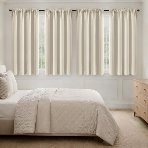 Image of MIULEE Beige White Room Darkening Bedroom Curtains 63 Inch Length 4 Panels