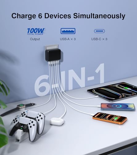 Image of Fast Charger Block, GaN 6 Port USB C Charging Station Hub Cube, 100W Multiport Type C Wall Charger Power Strip Plug with PD 3.0+QC for iPhone 13 14 15 16 17 Pro Max XR XS 8 7, Samsung, iPad, Table