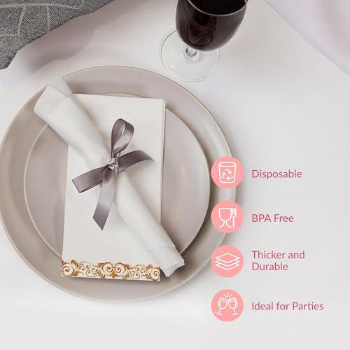 Image of Prestee 50 Pack Disposable Hand Towels for Bathroom - Elegant Linen Feel Paper Napkins, 2-Ply - Absorbent Decorative Guest Towels for Bathroom, Wedding, and Party Use - (White and Gold)