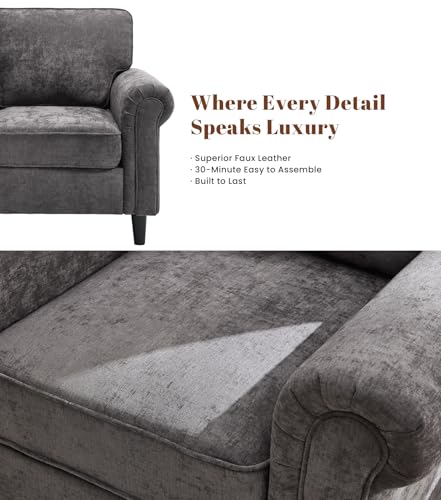 Image of Kingfun Loveseat 2 Seater Couch with Chair, Mid Century Modern Chenille Sofa Set with Rolled Arms and Deep Seats, Fluffy Comfort for Living Room, Apartment, Easy Assembly, Grey