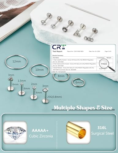 Florideco 14K Gold Filled Nose Rings - 316L Surgical Steel CZ Threadless Studs for Women & Men - Push-in Flat Back Nose Rings for Nostril, Tragus, Helix Piercing2