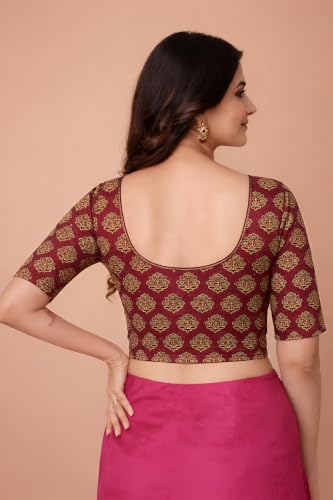 Image of Amazon Brand - Anarva Women's Kalamkari Print Cotton Stretchable Round Neck Readymade Saree Blouse