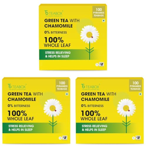Image of Teabox Chamomile Green Tea 100 Tea Bags | With Egyptian Chamomile Flowers & Whole Leaf Green Tea | Calming Blend for Relaxation & Sleep | Low Caffeine, Fresh & Aromatic (Pack of 3)