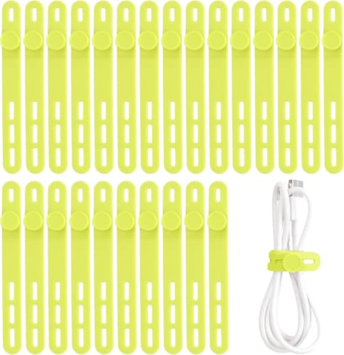 Oligei 25 Pcs Silicone Cable Ties, Cable Ties Reusable, High Elasticity Cord Wraps for Electrical Cords, Cord Organizer for Earphone, Phone Charger(Yellow)