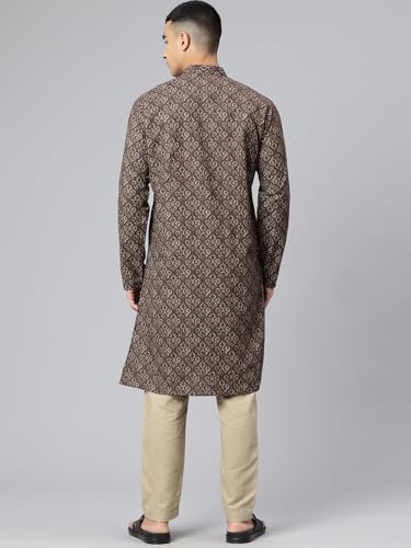 Image of Majestic Man Men's Regular Fit Ethnic Motifs Printed Pure Cotton Long Kurta with Mandarin Collar & Full Sleeves