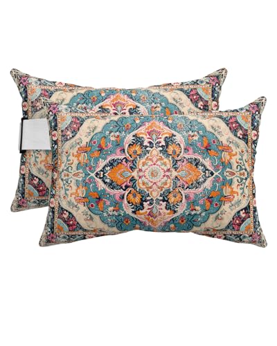 HERBED Outdoor Pillows Covers with Inserts Meddle Century Vintage Floral Mural Pattern Waterproof Pillow with Adjustable Strap Throw Pillows for Patio Furniture Pool Lounge Chair, 11x16 Inch, 2PCS