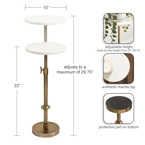 Kate and Laurel Engles Traditional Adjustable-Height Pedestal Drink Table; 10 x 10 x 30; White Marble and Antique Brass; Vintage Round Indoor Metal Plant Stand with Authentic Marble Tabletop by Kate and Laurel - Image 2