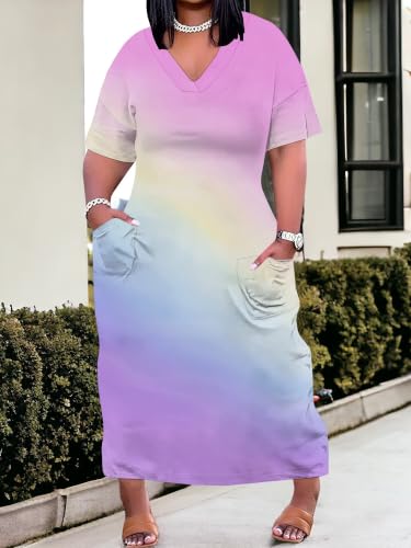 Image of PinkPatty Women's Plus Size Short Sleeve Maxi Dress Casual Loose V Neck Long Dress with Pockets