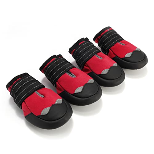 BOTEWO Hundeschuhe - wasserdichte Hundeschuhe, Hundeschuhe mit rutschfesten Sohlen und reflektierenden Riemen, Outdoor-Hundeschuhe für mittelgroße Hunde, 4 Stück (7, Rot) Cover