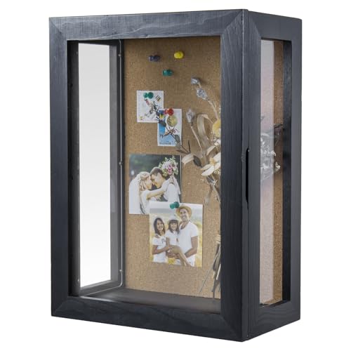 MyGift Deep Shadow Box Frame 11x15 Inch, Wall Mounted Display Case for Flowers, Picture, Vintage Coal Black Finish and Cork Backing, Solid Wood, Clear Acrylic Panels, Hinged Door Magnetic Closure