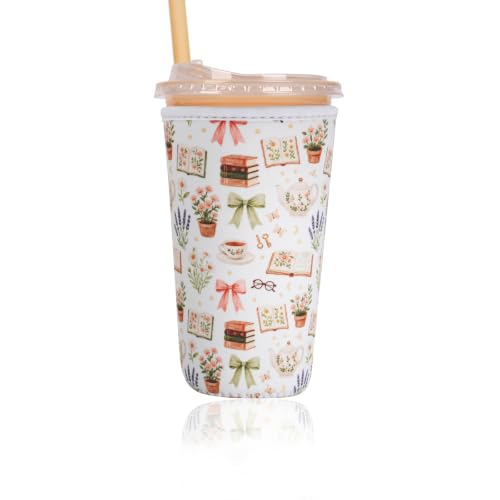 Image of Reusable Insulated Sleeve for Iced Coffee Cup, Coffee Neoprene Sleeve for Cold & Hot Drinks, Beverage Holder for Iced Coffee (Coffee Notes, Large: 32oz)