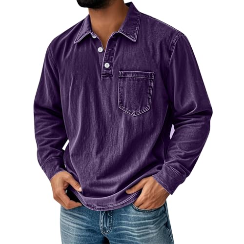Mokaloha Mens Shirts Long Sleeve Polo/Henley/Crewneck Denim Shirt Vintage Western Washed Distressed Casual Sweatshirt