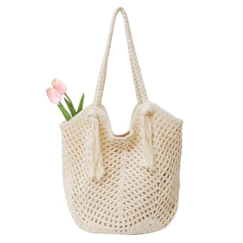 Peicees Crochet Beach Tote Bag For Women 2025 Bohemian Shoulder Bag Purse With Leak-Proof Lining for Summer Vacation Travel