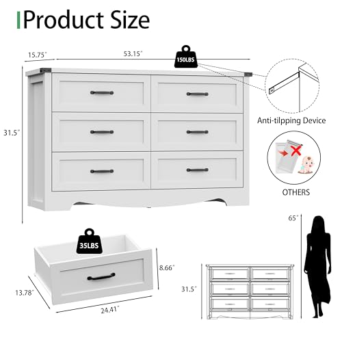 Image of Dresser for Bedroom with 6 Drawers, 54 inch Wide Wood Chest of Drawers with Deep Drawers & Mental Handle, Modern Dresser TV Stand, Wooden Closet Storage Organizer for Living Room, Hallway, Entryway, White