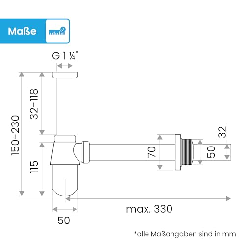 Bächlein Tassensiphon Universal für Waschbecken & Waschtisch (Chrom), Geruchsverschluss mit Reinigungsöffnung + Einbauanleitung - Designsiphon Ablaufgarnitur Flaschensiphon