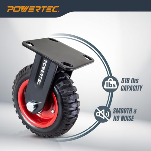 Image of POWERTEC 8 Inch Caster Wheels Set of 2 (1 Swivel & 1 Fixed), Heavy Duty Casters w /Rubber Knobby Tread for Workbench, Dolly, Cart, Trolley, Wagon, Toolbox and Chicken Coop, Large Castor Wheels (17057)