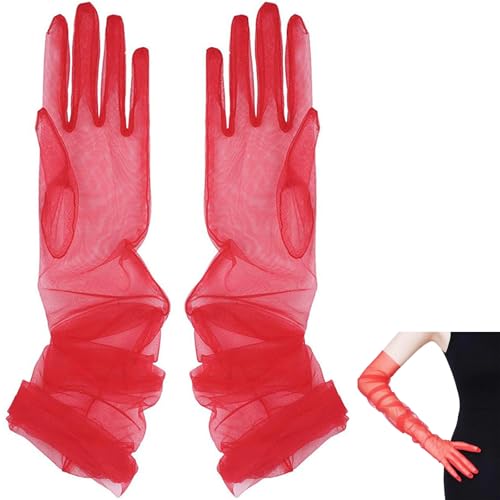 PLUSHCEWT Guantes largos Guantes de encaje nupcial Elegantes guantes de fiesta del té de tul Guantes hasta el codo Vintage 1920 para mujer Boda Cena de graduación Guantes de ópera (Rojo, 55cm)