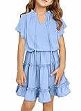 blibean Girl Short Sleeve Dress Kid Tiered Tunic Maxi Dresses Boho A-line Dress Casual Ruffle Solid