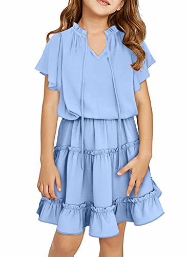 Blibean Girl Short Sleeve Dress Kid Tiered Tunic Maxi Dresses Boho A-Line Dress Casual Ruffle Solid Bohemian Swing Summer Clothes Size 6-7 Years Medium Sky Blue #TOP14