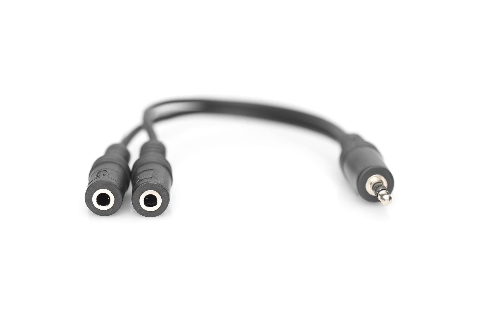 DIGITUS adapter słuchawek stereo - 2x gniazdo 3,5 mm na jack 3,5 mm - adapter mikrofonu - adapter słuchawek - 0,2 m - czarny - do smartfonów, komputerów, laptopów, konsol do gier, kontrolerów gier