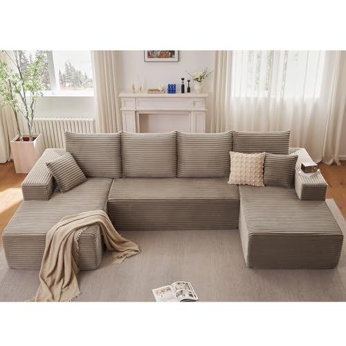 Image of Sectional Cloud Couch for Living Room, Stupendous U Shaped Sofas, Modular Floor Deep-Seat Sofa, Big Comfy Corduroy Couches Set with Fluffy Memory Foam, No Assembly Required, Camel