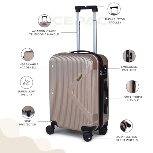Image of ACEPACK Brampton 56 cms Champagne Hard Sided Cabin Size Luggage Trolley Bag for Travel Suitcase with 8 Spinner Wheels for Men and Women,