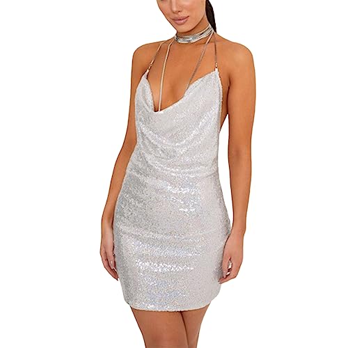 Vestido de lentejuelas para mujer, espalda descubierta, vestido de noche, sexy, vestido de fiesta, corto, mini vestido con purpurina, vestido de cóctel, plateado, vestido de fiesta, elegante, vestido