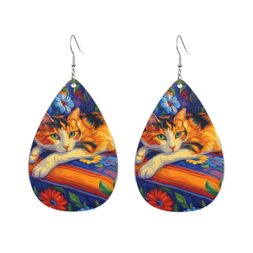 Pendientes De Piel Gato Tumbado En Un Sofá Con Flores Vibrantes Lujo Pendientes De Cuero En Forma De Lágrima Diversión Aretes De Cuero Con Forma Para Vacaciones Fiestas Mujeres