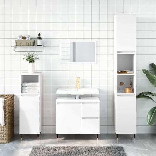 Zeehear Armario de baño blanco, 65 x 33 x 60 cm, material de madera, con compartimento para puerta y 2 cajones, montaje flexible, patas de hierro resistentes, resistentes a la humedad, espacio de