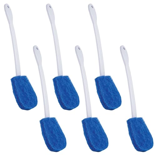 Image of LOLA Bath & Toilet Bowl Scrubber Brush w /Comfort Handle, 6 Pack, w /Hang Hole. Non-Scratch, Removes Rings w /Scrubbing Pad