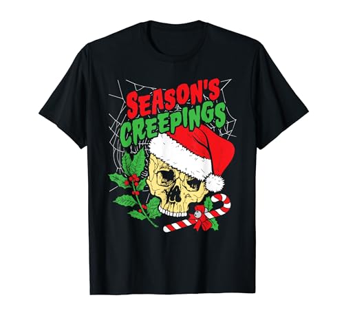 Season's Creepings Punk Goth Christmas Skull In Santa Hat Maglietta