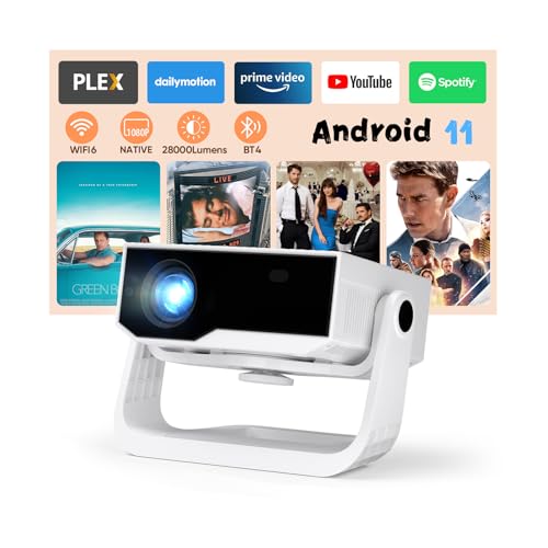 2025 Neuer Smart Beamer 4K Unterstützung, Android 11, Full HD 1080P, 25000 Lumens, WiFi 6 & BT 5.2, 120° Verstellbarer Ständer, Elektrischer Fokus, Trapezkorrektur, Heimkino Beamer