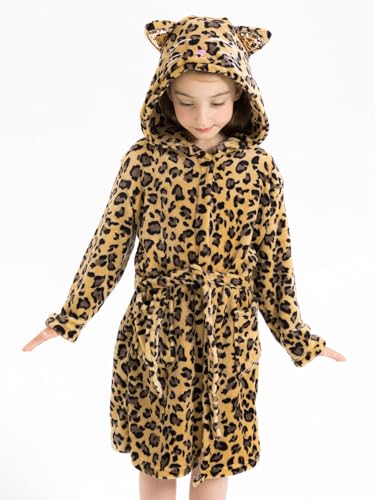 ACTLATI Leopard Cat Fleece Hooded Robe for Girls, Plush Bathrobe With Pockets for 3-12 Years Kids Birthday Christmas Gifts4