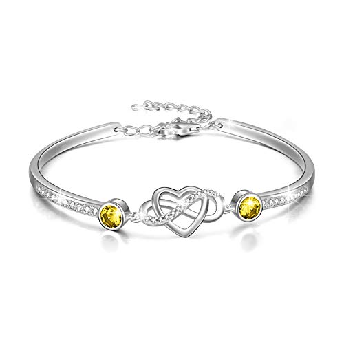Image of AOBOCO 925 Sterling Silver Infinity Endless Love Heart Birthstone Bangle Bracelet - I Love You Forever Series Adjustable 6-8 in Bracelet with Crystals from Austria Romantic Birthday Jewelry Gift for Women Wife Girlfriend